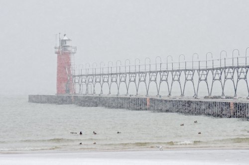 A snowy scene featuring a red lighthouse on a pier, with ducks swimming in the icy water.