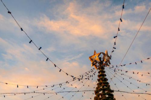 A decorated Christmas tree topped with stars, surrounded by string lights against a colorful sky.