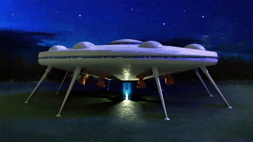 A futuristic UFO with multiple lights, hovering above the ground at night, surrounded by a starry sky and trees.