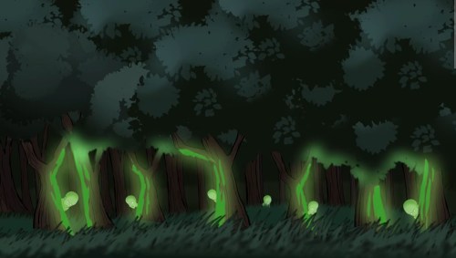 A dark forest scene with glowing green orbs and trees, creating an eerie, mystical atmosphere.