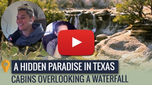 A scenic view of a waterfall with a video play button and two people in a video call overlay. Text reads "A Hidden Paradise in Texas."
