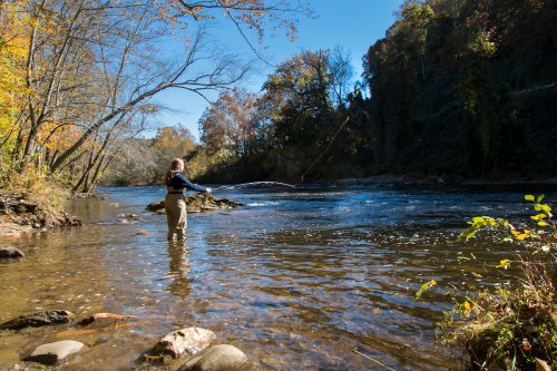 A person fishing in a serene river surrounded by autumn trees and clear blue skies.