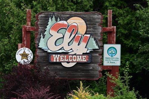 A wooden welcome sign for Ely, featuring trees and a sunset, with a note about being Tree City USA for 9 years.