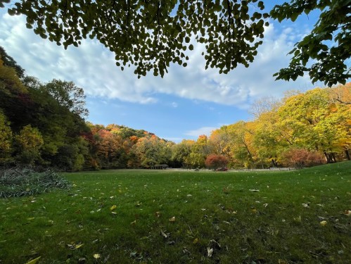 A scenic view of a grassy field surrounded by colorful autumn trees under a partly cloudy sky.