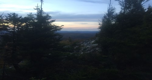 A scenic view of mountains and valleys at dusk, framed by evergreen trees.