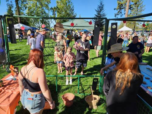 A lively outdoor event with families, games, and booths set up in a park on a sunny day.