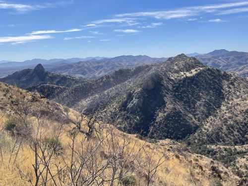 A panoramic view of rugged mountains and hills under a clear blue sky, with dry grass and sparse vegetation in the foreground.