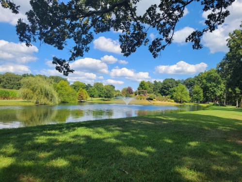 A serene landscape featuring a pond, fountain, lush greenery, and a blue sky with fluffy clouds.