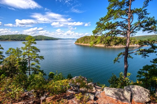 A serene lake surrounded by lush greenery and rocky shores under a bright blue sky with scattered clouds.