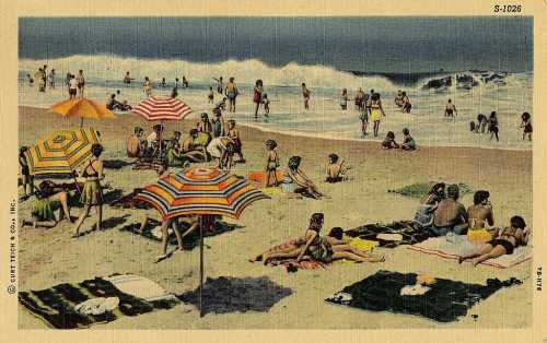 A vintage beach scene with people sunbathing, swimming, and colorful umbrellas on the sand. Waves in the background.