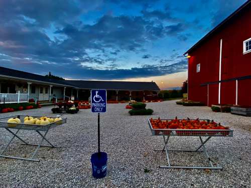 A farm scene at dusk with pumpkins and gourds displayed on tables, a "Parking Only" sign, and a red barn in the background.