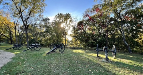 Historic cannons on a grassy field, surrounded by trees with autumn foliage and a bright sun in the background.
