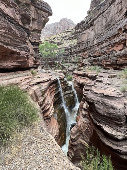 A narrow canyon with steep rock walls and a waterfall cascading into a pool below, surrounded by greenery.