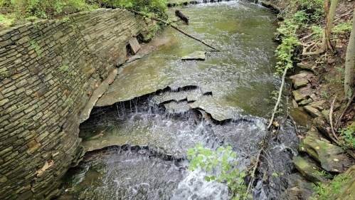 A serene stream flows over rocky terrain, surrounded by lush greenery and a stone wall on one side.
