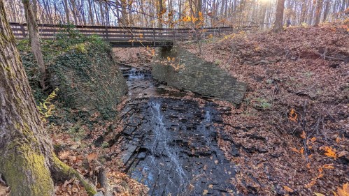 A serene forest scene featuring a small stream flowing under a wooden bridge, surrounded by autumn foliage and stone walls.