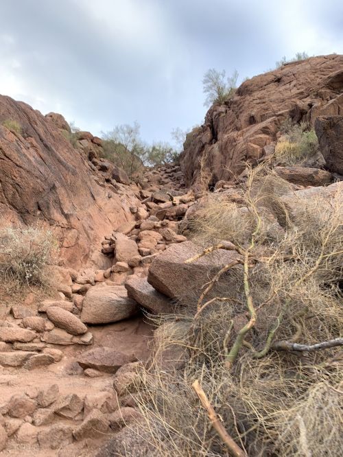 Rocky terrain with scattered boulders and sparse vegetation under a cloudy sky.