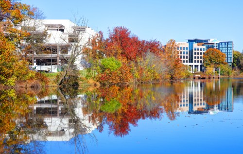 A serene lake reflecting colorful autumn trees and modern buildings under a clear blue sky.