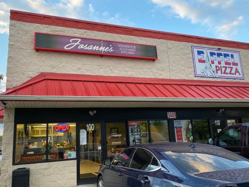 Exterior of a restaurant with a red roof, featuring signs for "Jasampe's Homestyle Southern Kitchen" and "Eaffel Pizza."