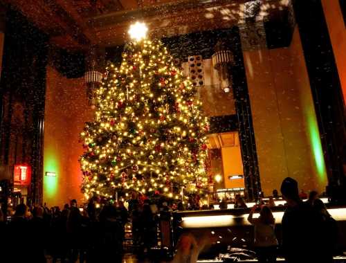 A large, decorated Christmas tree with lights and ornaments, surrounded by people in a festive indoor setting.