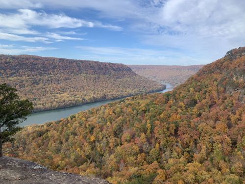 A scenic view of a river winding through a valley surrounded by autumn-colored trees under a blue sky.