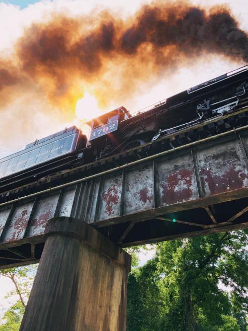A steam train crosses a bridge, billowing smoke against a bright sky with trees in the foreground.