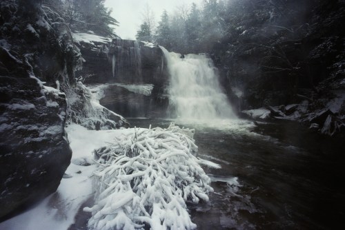A snowy waterfall cascades over rocks, surrounded by frosted trees and icy branches in a serene winter landscape.
