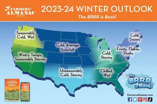 Map of the U.S. showing the 2023-24 winter outlook with varying weather conditions across regions.