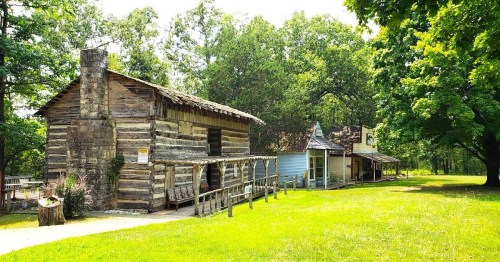 A rustic wooden cabin and a small building surrounded by lush green grass and trees on a sunny day.