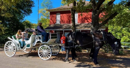 A horse-drawn carriage with passengers parked near a red building surrounded by trees on a sunny day.