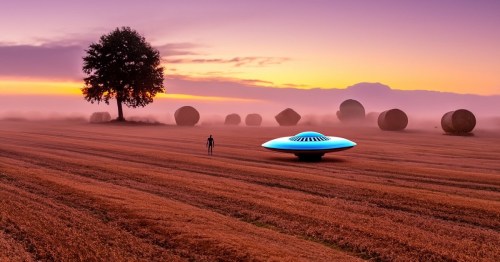 A UFO hovers above a misty field at sunset, with a lone figure standing nearby and hay bales scattered in the background.