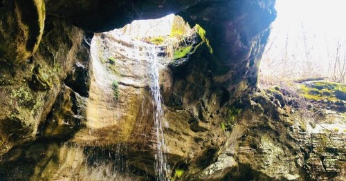 A waterfall cascades from a rocky overhang, surrounded by moss and trees in a serene natural setting.