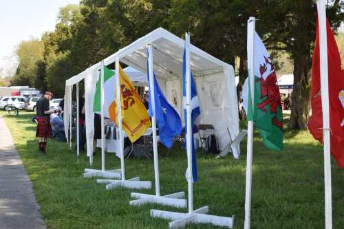 A white tent with flags from various regions displayed in front, set in a grassy area with trees in the background.