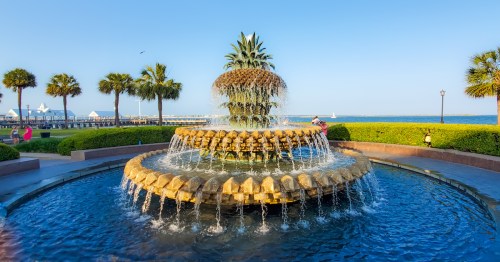 Iconic Charleston Pineapple Fountain at the city's riverfront park, framed by water views and palm trees.