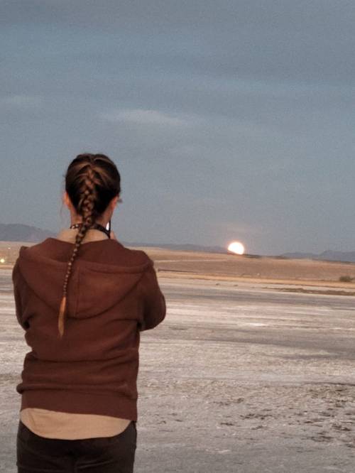 A person with a braided hairstyle watches the sunset over a vast, open landscape.