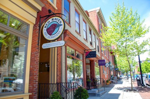 A charming street view featuring colorful storefronts, including the Red Raven Art Company, with trees lining the sidewalk.
