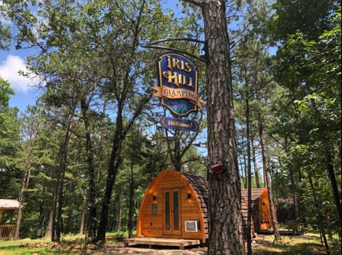 A wooden glamping cabin nestled among trees, with a welcoming sign reading "Iris Hill Glamping." Bright blue sky above.