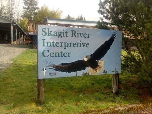 Sign for the Skagit River Interpretive Center featuring an eagle in flight against a scenic background.