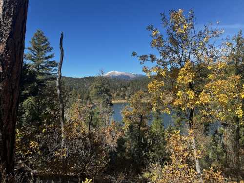 Scenic view of a lake surrounded by autumn trees and mountains under a clear blue sky.