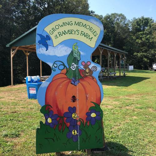 Colorful sign at Ramsey's Farm featuring a pumpkin and flowers, promoting "Growing Memories" with a rustic shelter in the background.