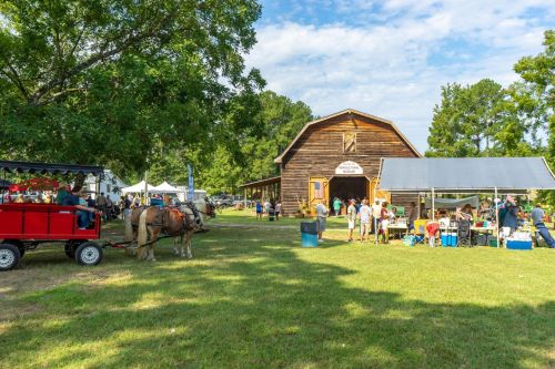 A lively outdoor event with people gathered near a barn, a horse-drawn wagon, and food stalls under a blue sky.