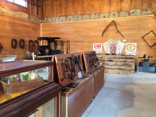 Interior of a rustic museum displaying vintage harnesses and tools, with wooden walls and various artifacts on display.