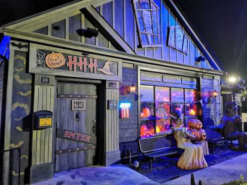 A spooky house decorated for Halloween, featuring pumpkins, cobwebs, and eerie lighting.