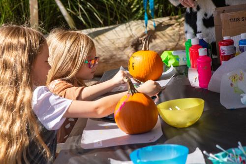 Two children paint pumpkins at a table, surrounded by colorful paints and craft supplies in a sunny outdoor setting.