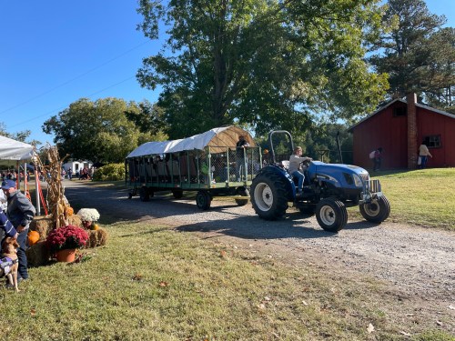 A blue tractor pulls a covered wagon filled with people through a sunny outdoor setting with trees and a red barn.