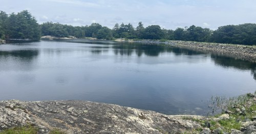 A calm lake surrounded by trees and rocky shores under a cloudy sky. Reflections shimmer on the water's surface.