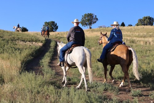 Two riders on horseback ascend a grassy trail, with another rider visible in the distance under a clear blue sky.