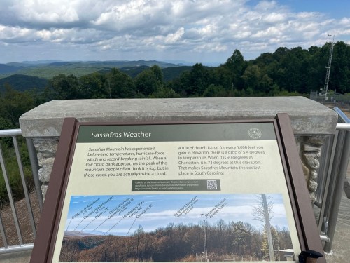 Sign about Sassafras Mountain weather, with scenic mountain view in the background.