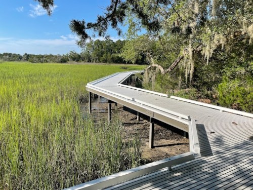 A wooden boardwalk winds through a lush green marsh under a clear blue sky.