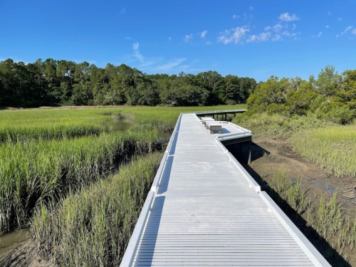 A wooden boardwalk stretches through tall green grass under a clear blue sky, surrounded by trees.