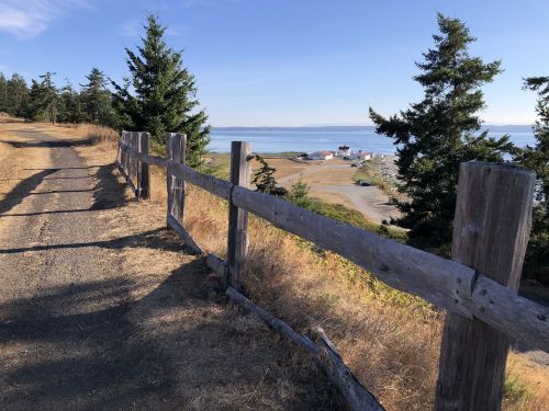 A scenic path lined with a wooden fence, leading to a coastal view with trees and a lighthouse in the distance.